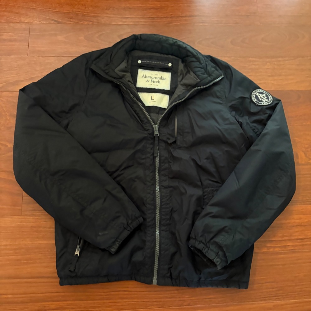 Abercrombie & Fitch Mens Large Black Puffer Jacket Full Zip Logo Patch Gorpcore